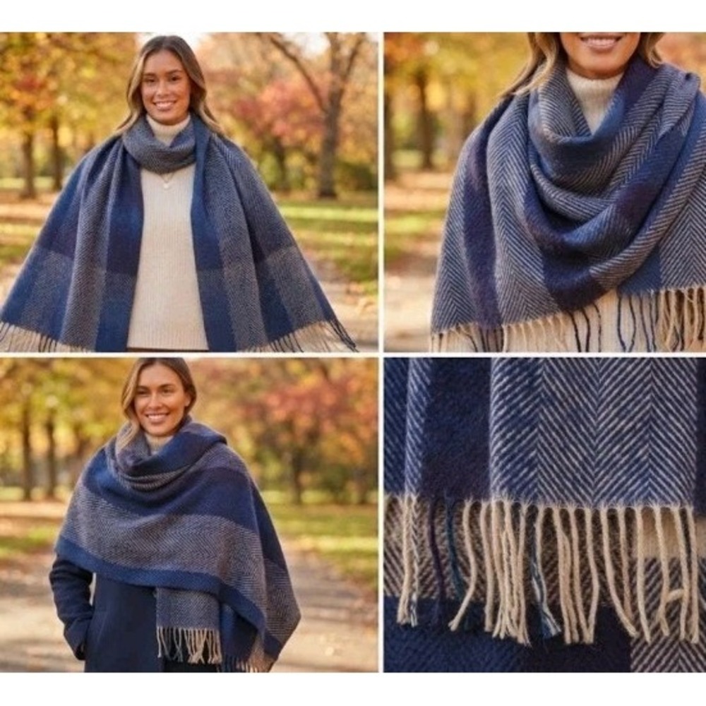 Women's Blue Herringbone Striped Winter Scarf Fringe Soft Warm Long Wrap Shawl